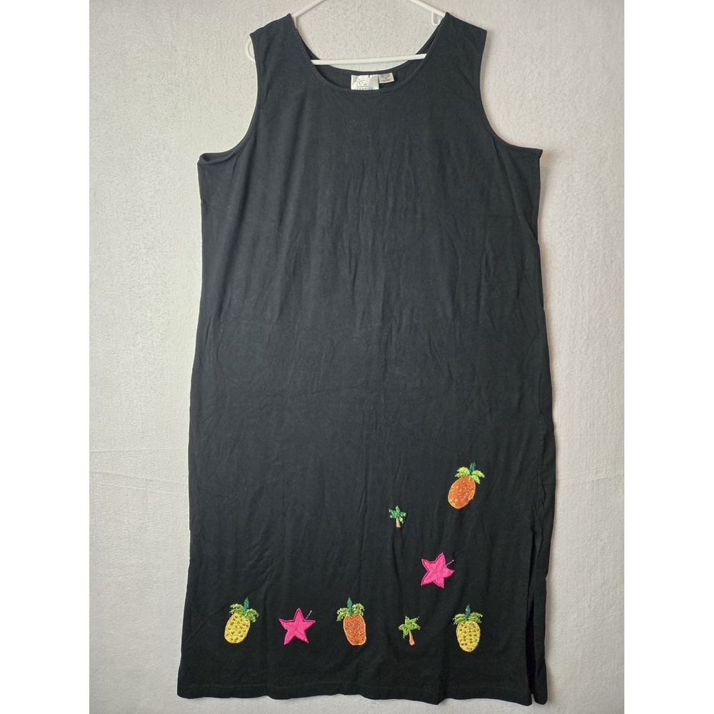 Black Tropico Sleeveless Cotton Dress 3X With Pineapple Star Embroidery